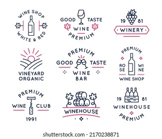 Set of Wine logos. 6 trendy logos for wine stores, shops, wine houses, bars, wineries and vineyards. Icons with wine bottle, glass, grape, cask and corkscrew. Vector illustration