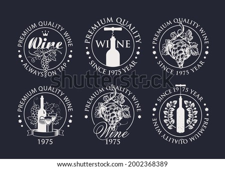 Set of wine logos, labels, badges, round-shaped stickers for a winery or wine store. Black and white vector emblems with hand-drawn bunches of grapes and bottles with corkscrews on a black background