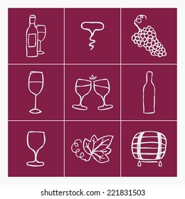 Set of wine making icons, vector illustration. Bottle, corkscrew,grape ripe, glass of wine, grape leaf, stain.