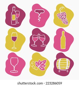 Set of wine making icons, vector illustration. Bottle, corkscrew,grape ripe, glass of wine, grape leaf, stain.