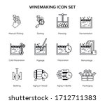Set of wine making line icons for sommelier education - manual picking, sorting, pressing, pigege, remontage, aging, fermentation, cold maceration.