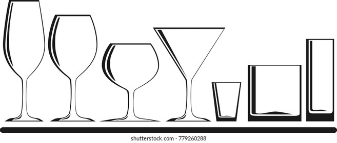Set of wine, margarita, vodka , whisky and other alcohol glasses. Isolated icons