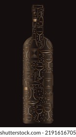 Set of wine objects in a shape of a bottle. Gradient wine bottle with collection of elements including bottle, glasses, carafe, opener, wine stopper, cork.