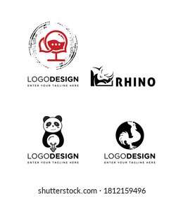 set of wine panda , rhino and chicken logo design vector