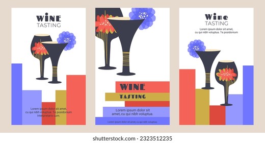 Cartel de vino. Gafas modernas de vino con decoración floral e identidad corporativa para pancarta, volante, invitación. Ilustración vectorial para bar de vinos, publicidad, menú, restaurante, casa de vinos, fiesta