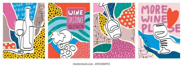 Set of wine posters. Wine tasting artistic vector illustrations. One line wineglass, bottle, grapes abstract art.