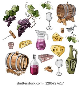 Set of wine product objects. Hand drawn ink and colored sketch elements isolated on white background. Vector illustration