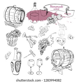 Set of wine product objects.Hand drawn sketch elements isolated on white background. Vector illustration