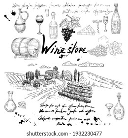 Set Wine products and vineyard hand drawn scetch. Grapes, wooden barrel, bottles,chees, glass, corkscrew vintage style unreadable text. Vector illustration