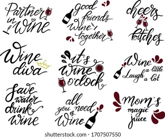 Set of wine quotes, Hand lettering phrases about wine,  it's wine oclock print