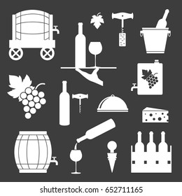 Set of wine related icons on black background. Vector illustration.