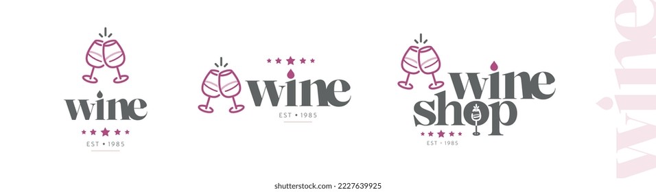 Set of wine shop and winery logos with toasting glasses.