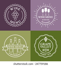 Set of wine signs, badges and labels. Vector line illustration. Concept for bar menu, party, alcohol drinks, celebration holidays, winery, restaurant.