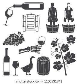 Set of Wine silhouette icons. Set include girl stomping, crushing grapes, barrel, goose, grape with leaf, branch and bottle, glass of wine. Icons for winery company business. Vector illustration.