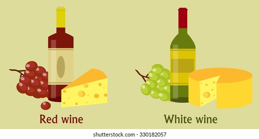 Set of wine and a snack : a bottle of red wine . bottle of white wine , a bunch of red grapes bunch of green grapes , a piece of cheese , cheese circle