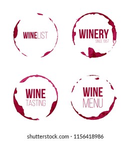 Set of Wine stains with different text. Vector design elements.