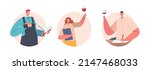 Set of Wine Stewards and Sommelier Drinks Degustation Isolated Avatars or Round Icons. Restaurant Expert Characters Serving Drinks, Wine Service, Menu Certification. Cartoon People Vector Illustration