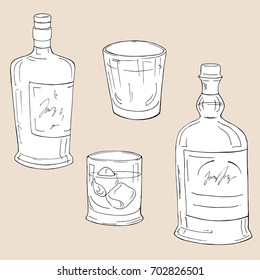 Set of wine or strong alcohol bottles and a glass of drink isolated on pastel beige background. Hand drawn vector illustration.