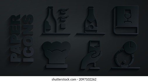 Set Wine tasting, degustation, Book about wine, Chef hat, Wooden barrel for, Champagne bottle and Bottle of icon. Vector