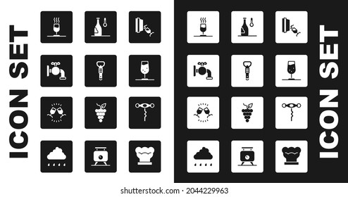 Set Wine tasting, degustation, Bottle opener, Tap for barrel, glass, temperature, corkscrew and  icon. Vector