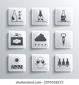Set Wine tasting, degustation, Bottle of wine, opener, Cloud with rain, Drought, Cardboard box,  and  icon. Vector