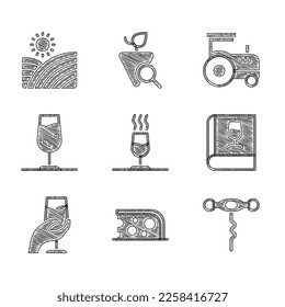Set Wine tasting, degustation, Cheese, corkscrew, Book about wine, glass, Tractor and Vineyard grapes icon. Vector