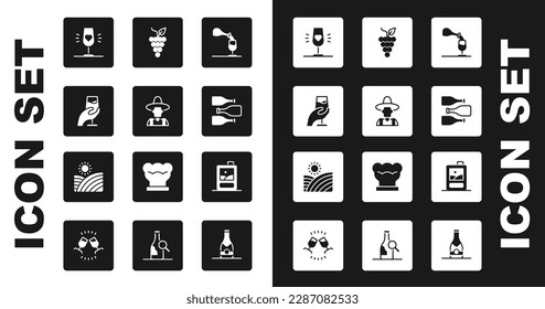 Set Wine tasting, degustation, Farmer the hat, glass, Bottles of wine, Bunch grapes, Cardboard box and Vineyard icon. Vector