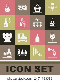 Set Wine tasting, degustation, glass, Bottle of wine, Old bottle, temperature, Decanter for and Drying grapes icon. Vector