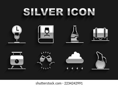 Set Wine tasting, degustation, Wooden barrel for wine, Decanter, Cloud with rain, Fermentation of grapes, Bottle, time and Book about icon. Vector
