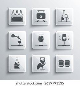 Set Wine tasting, degustation, Wooden barrel for wine, glass, Bottle of, Bottles box and  icon. Vector