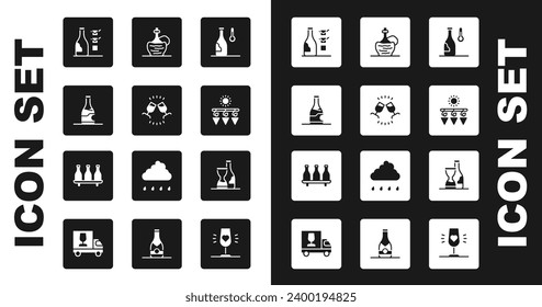 Set Wine temperature, tasting, degustation, Bottle of wine, Drying grapes, italian fiasco bottle,  and  icon. Vector