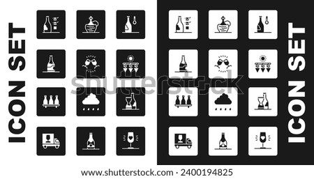 Set Wine temperature, tasting, degustation, Bottle of wine, Drying grapes, italian fiasco bottle,  and  icon. Vector