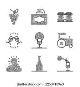 Set Wine time, Bottle of wine, tasting, degustation, Tractor, Sun and cloud weather, Wooden barrel for and Bunch grapes icon. Vector