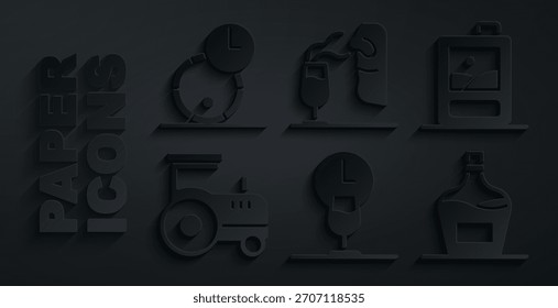 Set Tiempo del vino, caja de cartón de vino, tractor, botella vieja, sommelier y barril de madera para el icono. Vector