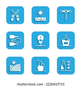Set Wine time, Decanter for wine, Bottle of, Old bottle, Vineyard grapes, Bottles, corkscrew and Gardening scissors icon. Vector