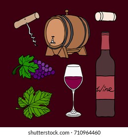 Set of wine vector illustration. Doodle style. Design icon, print, logo, poster, symbol, decor, textile, paper, card. 