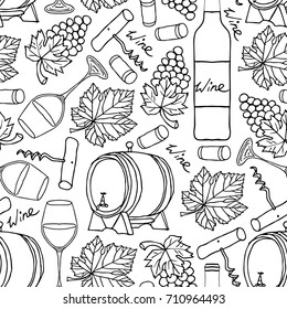 Set of wine vector illustration. Doodle style. Design icon, print, logo, poster, symbol, decor, textile, paper, card. 