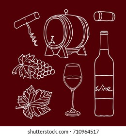 Set of wine vector illustration. Doodle style. Design icon, print, logo, poster, symbol, decor, textile, paper, card. 