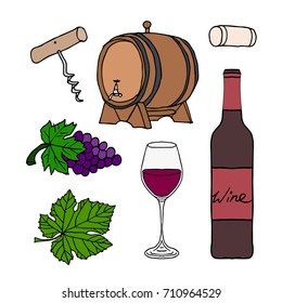 Set of wine vector illustration. Doodle style. Design icon, print, logo, poster, symbol, decor, textile, paper, card. 