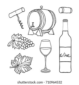 Set of wine vector illustration. Doodle style. Design icon, print, logo, poster, symbol, decor, textile, paper, card. 