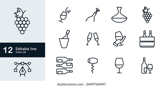 Conjunto de iconos de línea de Vector de vino.	