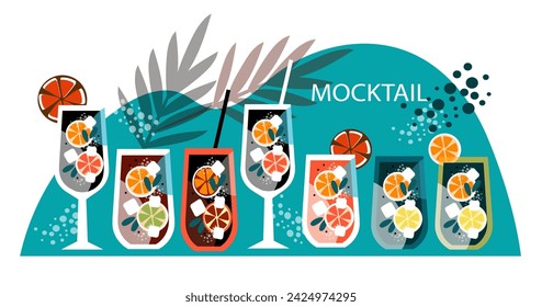 Set wineglass Mocktail with orange. Non-alcoholic cocktail with citrus fruits and mint. Beach kitchen. Cool summer drinks. Vector illustration in the flat style.