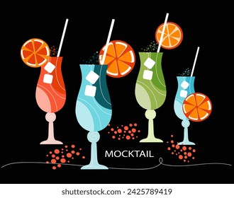 Set wineglass Mocktail with orange. Non-alcoholic cocktail with citrus fruits and mint. Beach kitchen. Cool summer drinks. Vector illustration in the flat style.