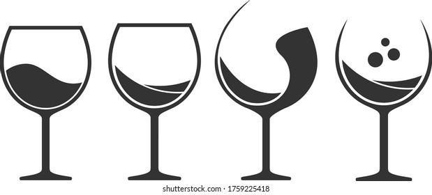 Set of wineglasses with splashes of wine, pouring inside. Art wine expressive splashes glasses, vector collection isolated on white. vector artistic illustration. glass icon vector