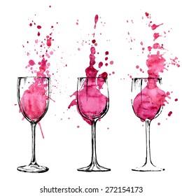 Set of wineglasses with splashes of wine, pouring inside. Art wine expressive splashes in hand drawn glasses, vector collection isolated on white. Red wine vector artistic watercolor illustration
