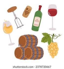 Set of Winery and Vineyard Items. Corkscrew, Wineglass with red and White Wine, Bottle, Wooden Barrels, Cork and Grape Bunch Isolated Elements on White Background. Cartoon Vector Illustration