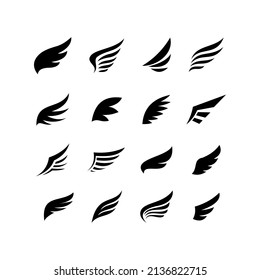 set of wing icon design, various flat wing symbol silhouette template vector