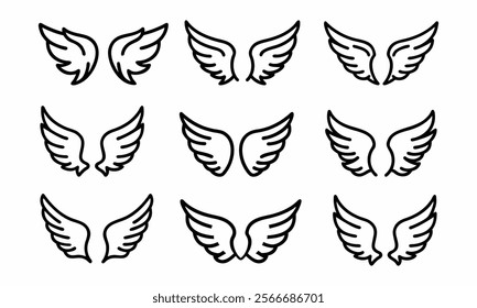 Set of Wing Outline Vector Icons, Collection of elegant wing outline icons in various styles, ideal for themes like freedom, spirituality, flight, or angelic designs.
