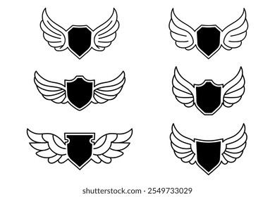 set of wing with shield decorated element vector design illustration simple black and white