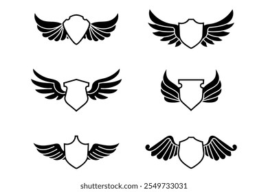 set of wing with shield decorated element vector design illustration simple black and white